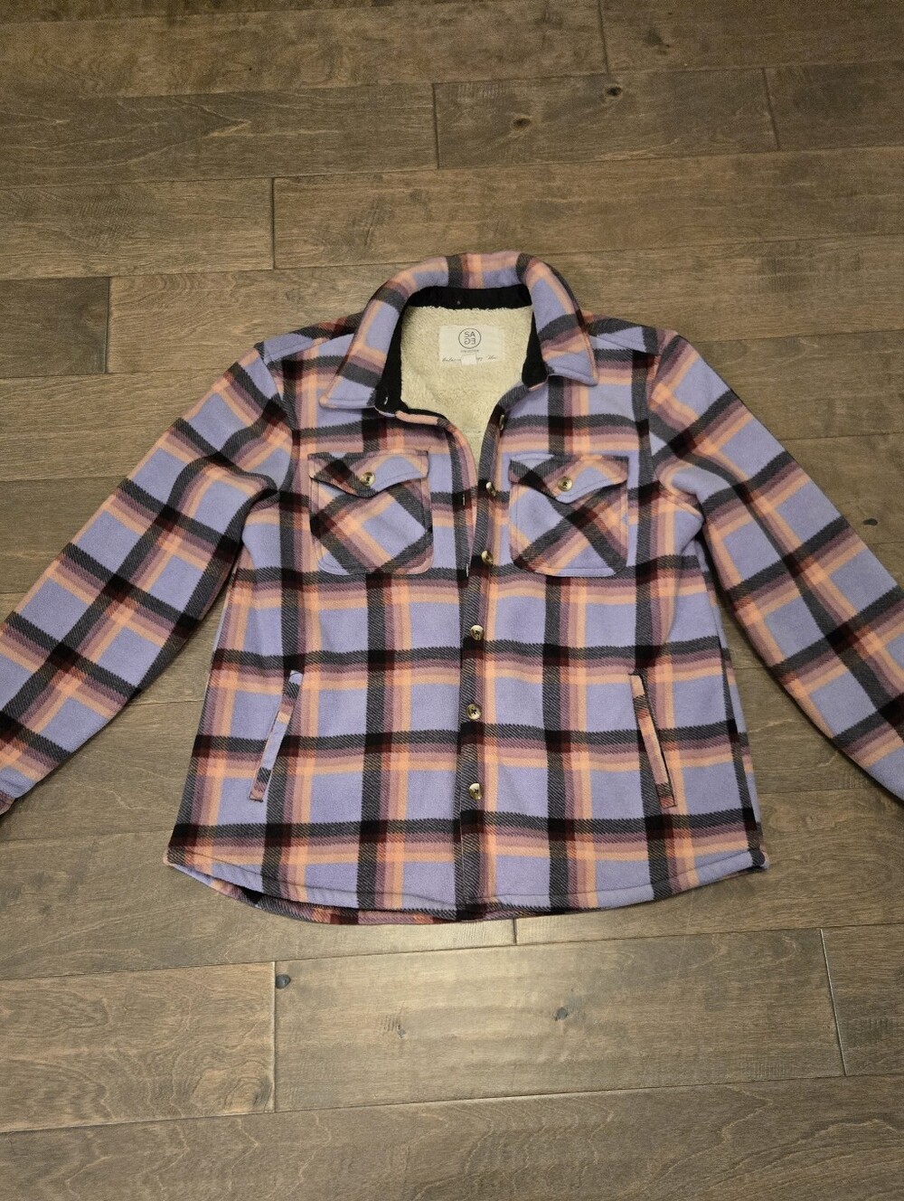 Plaid Sherpa Lined Shacket, Size Medium, Purple Plaid, Lon Sleeve, Button Close